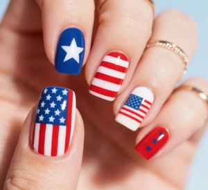 Macro shot of glossy US flag themed press-on nails with red stripes and white stars