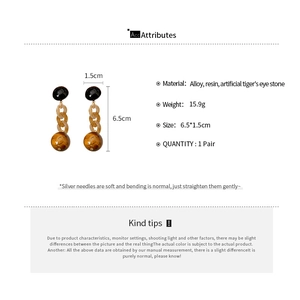 Detail view of retro earrings with amber resin links and tiger eye stone beads on white