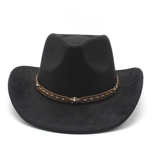Detail of black felt fedora featuring a brown leather band with metallic star rivets