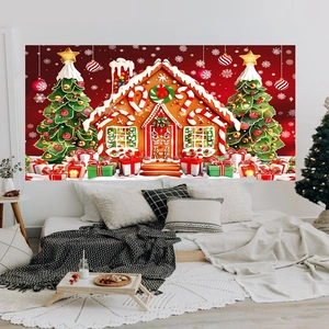 Tenture de Noël avec maison en pain d'épices et cadeaux pour décoration murale