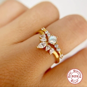 Minimalist S925 sterling silver gold ring set with round moonstone and marquise zircon