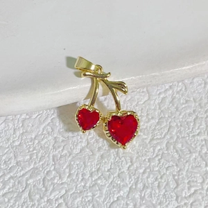 Sweet 18K gold plated cherry pendant with sparkling red heart-shaped zircon stones