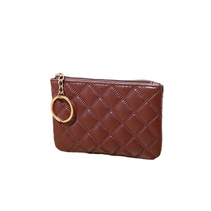 Deep brown quilted PU leather coin purse with golden ring zipper on white background