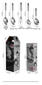 Detailed view of 5-piece stainless steel utensil set with hanging holes and gift box packaging