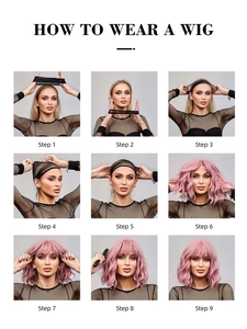 Schritt-für-Schritt-Anleitung zum Tragen der rosa Wellenperücke mit Pony und Haarnetz