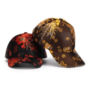 Ethnic style cotton baseball cap with exquisite gold thread floral embroidery in black and brown