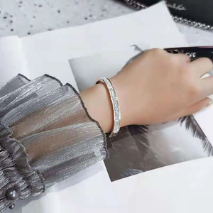 Elegant silver stainless steel bangle with full pavé crystals worn on wrist for women