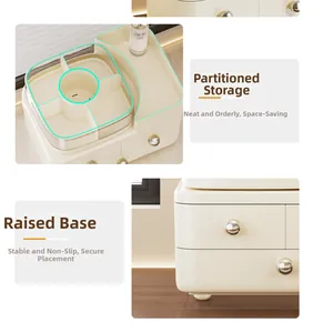 Detail view of tiered cosmetic organizer with top compartments and non-slip elevated feet