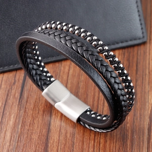 Multi Layer Braided Leather Bracelet With Stainless Steel Magnetic Clasp And Metal Beads Fashion Jewelry For Men