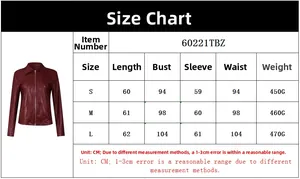 Detailed size chart for slim fit PU leather cardigan including length and chest measurements