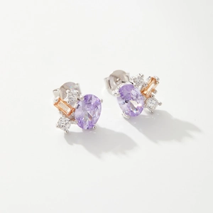 Elegant 925 sterling silver stud earrings with oval purple stone and cubic zirconia