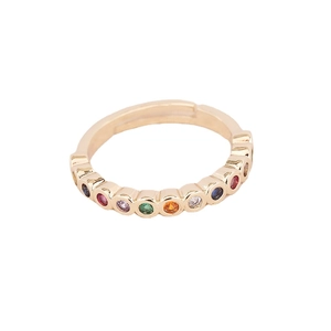 Golden bohemian ring set featuring rainbow zircons and colorful geometric gemstones