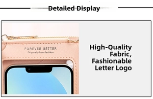 Detailed macro view of pink PU leather phone bag with a transparent touch screen window