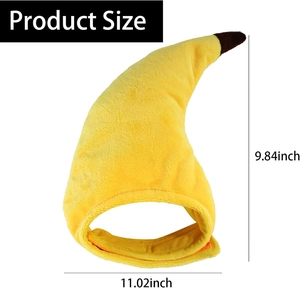Banana plush pet hat detail with velcro strap and dimensions 9.84 by 11.02 inches