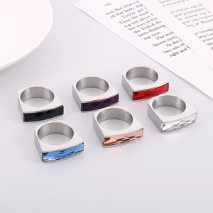 Gold stainless steel rings set with square-cut multi-colored luxury glass gemstones
