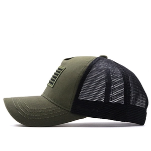 Detail view of army green camo cap featuring breathable black mesh and a flag patch