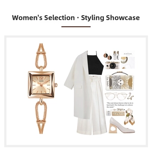 Chic rose gold square watch paired with curated fashion accessories and lifestyle items