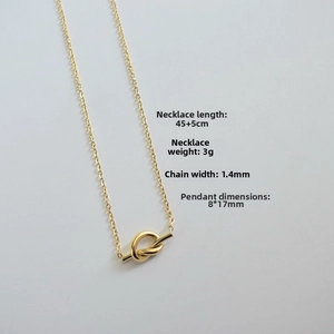 Detailed size specifications for heart knot necklace with 45+5cm length and 3g weight