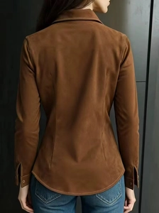 Rear view of brown faux suede long sleeve shirt showing detailed slim fit and texture