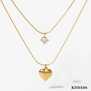Elegant gold-tone double-layered necklace with round zircon and heart pendant