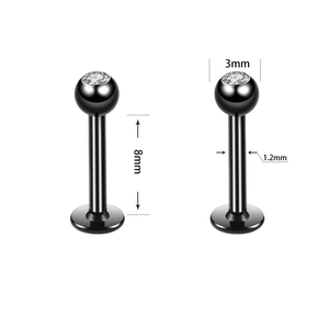Black stainless steel labret stud with 3mm zircon and detailed dimension markers