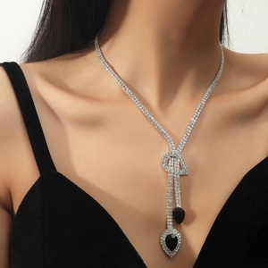Silver Y-shaped rhinestone necklace featuring elegant double black teardrop pendants