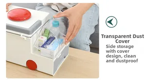 Detail view of transparent dust-proof lid on the ambulance-shaped medical storage box