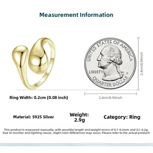 Size chart showing gold water drop ring dimensions with a coin scale for reference