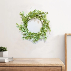 Artificial Green Leaf Wreath EVA Satin Foliage White Berries Yellow Buds Home Door Wall Hanging Decor Fresh Forest Style