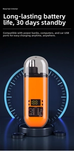 Detail of nose hair trimmer featuring digital LED power display and 30-day battery life