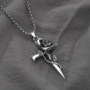 Vintage thorn rose and cross pendant necklace with box chain for a gothic fashion look