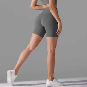 Detail of dark grey high-waisted seamless yoga shorts with ergonomic butt-lifting fit