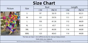 Detailed size guide for women's floral dress featuring bust and length in cm and inches