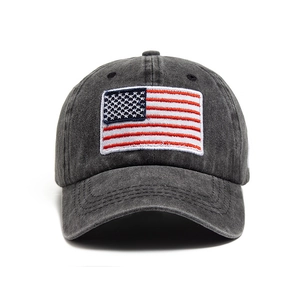Vintage washed black cotton baseball cap with embroidered American flag patch