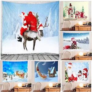 Christmas Wall Tapestry Polyester Santa Claus Reindeer Winter Snow Scene Hanging Backdrop Home Decor Bedroom Living Room
