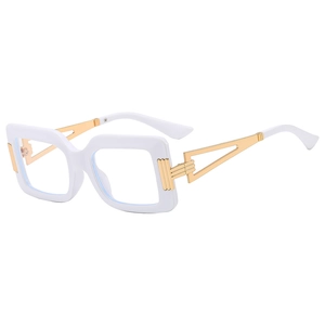 Square white thick frame glasses with gold hollow geometric metal temples on white background