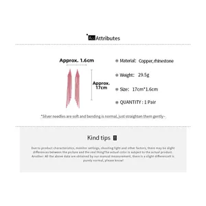 Pink rhinestone tassel drop earrings with copper silver needles detailed dimensions
