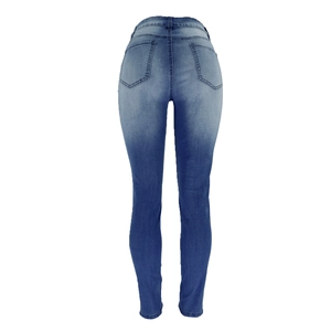Rear view of high-waist skinny jeans with natural fading and classic back pockets