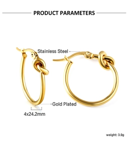 Detailed size chart of gold plated stainless steel knot hoop earrings with weight data
