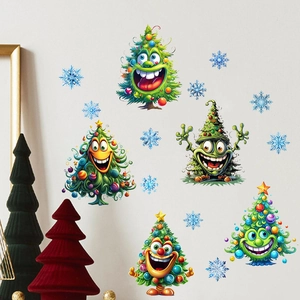 Cartoon Christmas tree and snowflake wall decals for festive home living room decoration