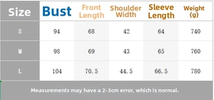 Size chart for French style blazer skirt showing chest, length, and weight measurements