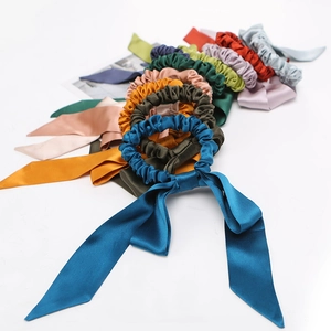 Colorful 100% mulberry silk bow scrunchies with long streamers for women hair styling
