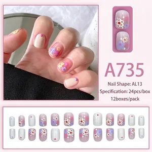 Pink and purple flower pattern press-on nail kit with 24 pieces in AL13 almond shape