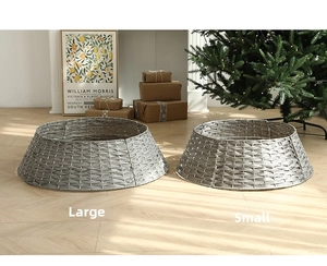 Detailed view of grey woven Christmas tree collars in two sizes for festive decor