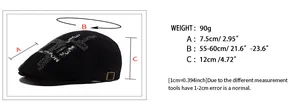Size chart for black vintage beret showing 55-60cm head circumference and 7.5cm brim size