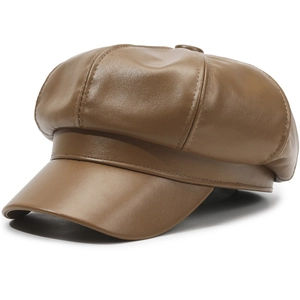 Classic dark brown leather baker boy hat for women with minimalist octagonal crown design