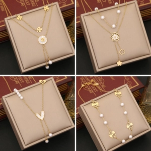 Stainless Steel Double Layer Necklace With Artificial Pearls And Heart Flower Clover Pendants Gold Plated Clavicle Chain For Women