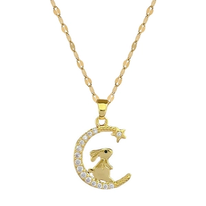 Golden moon and rabbit necklace with zircon crystal pendant on a thin chain