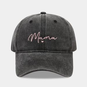 Vintage washed charcoal baseball cap featuring pink mama embroidery and heart detail