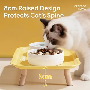 Double gamelle surélevée de 8cm pour chat en céramique avec support design style bois